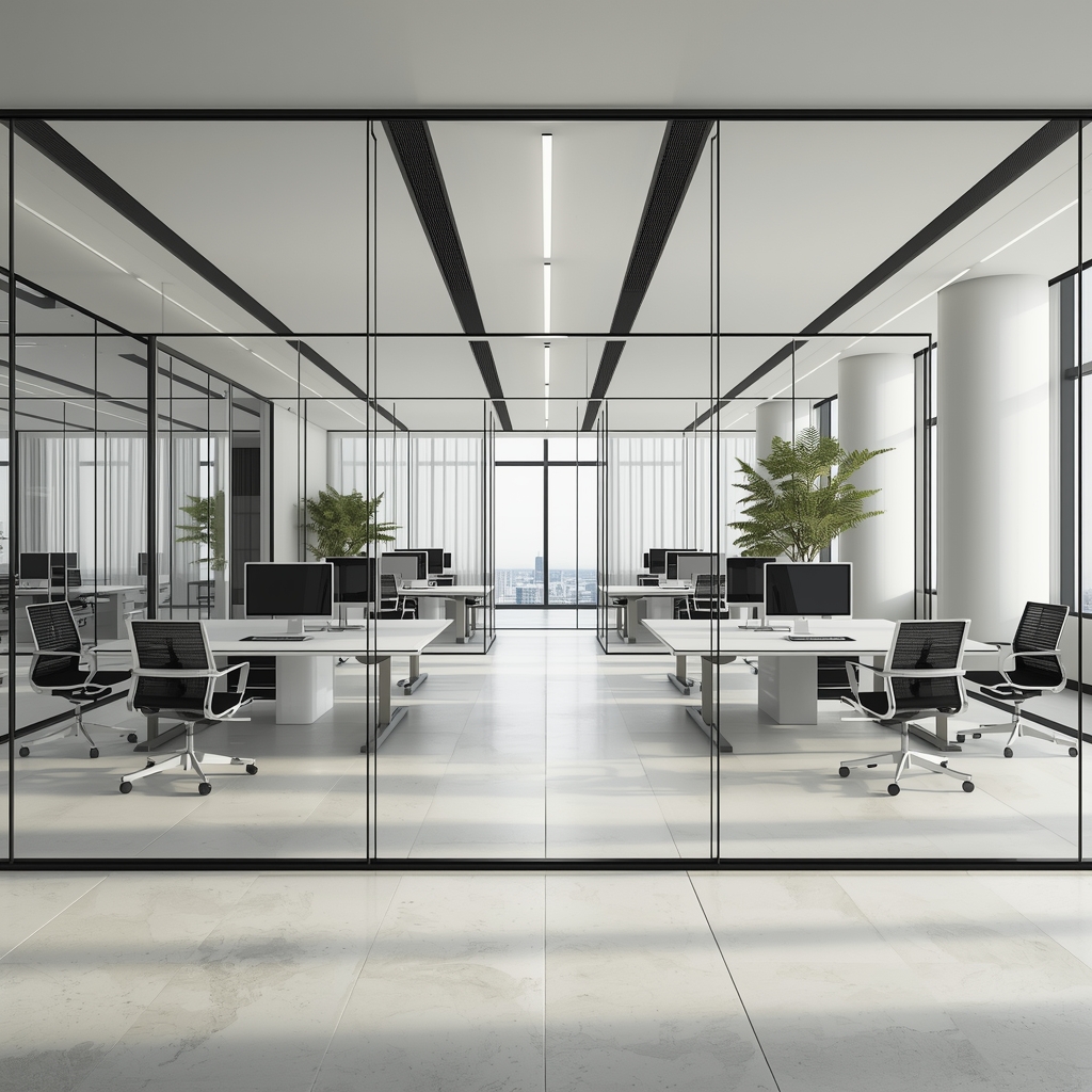 Generate image from Nano Banana2: A sleek, highly modern corporate office interior with glass walls, bright daytime lighting, minimalist desk setup, ultra-realistic, highly detailed, no woman